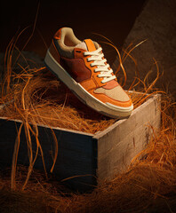 This fashion-forward image features men’s casual footwear on wooden fruit boxes, isolated on a bright orange background. A clean, stylish layout ideal for advertising, editorial, or e-commerce visuals
