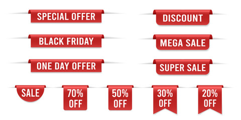 Set of red bookmarks with sale announcement. Super sale, mega sale. One day offer. Discount voucher. Black friday special offer label.