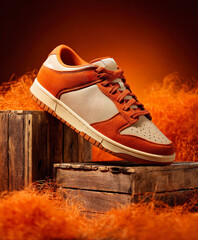 A stylish pair of men’s casual shoes displayed atop stacked fruit boxes. Set against a vibrant orange background, this professional photoshoot blends fashion, texture, and playful composition with a m