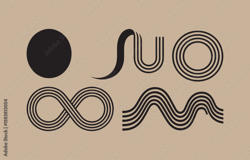 Poster collection of abstract geometric shapes and lines including a circle infinity symbol and wavy patter