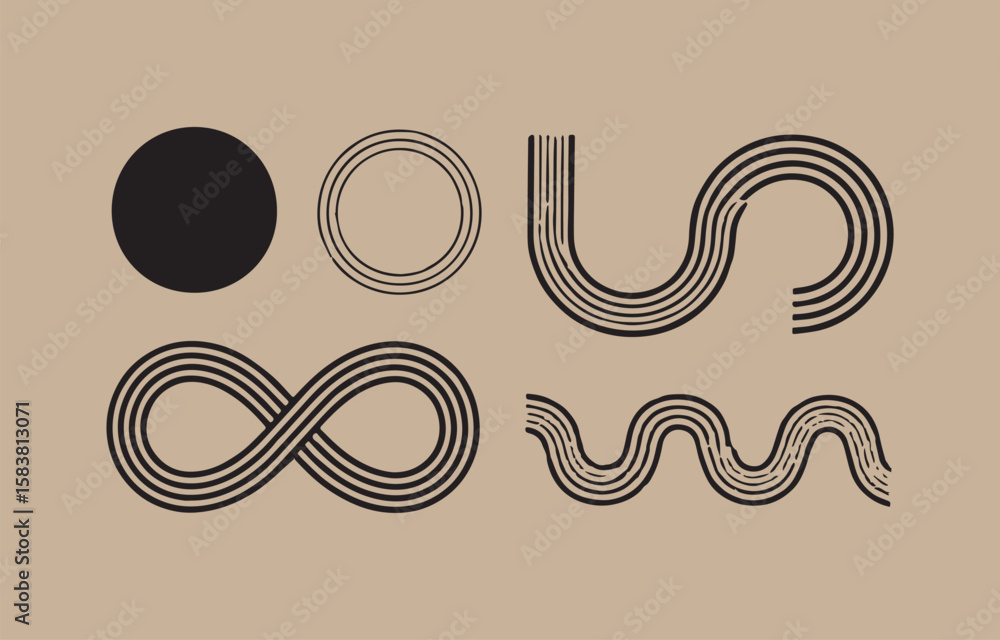 Poster abstract geometric shapes including a solid circle concentric circles infinity symbol and wavy lines