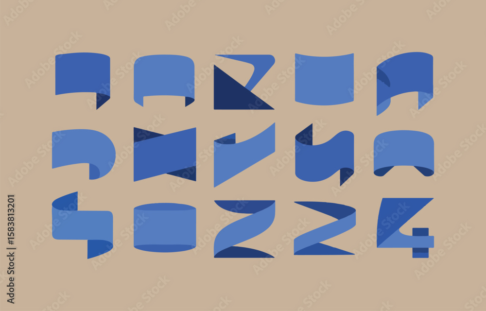 Poster collection of blue abstract shapes and ribbons with a modern design isolated on transparent backgrou