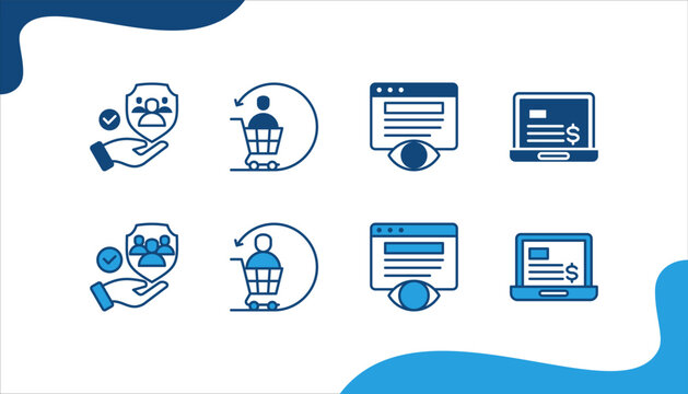 Remarketing banner web icon set vector illustration. concept with Customer retention, Returning visitor, Website visitors, Display ads.