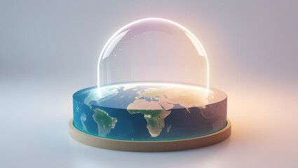 A horizontal slice of flat Earth with a transparent glowing dome hovering above, representing the ozone layer. Soft light effect from above. Background: plain white or pastel gradient