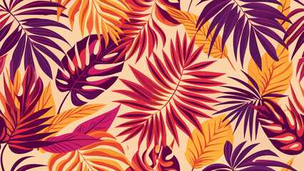 Vibrant Tropical Leaf Pattern: Warm Hues, Bold Design, Summery Mood, Seamless Repeat.
