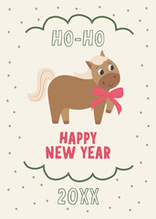 Cute funny kids festive horse with ribbon bow congratulating with Christmas and New Year. Vector childish greeting card template. 