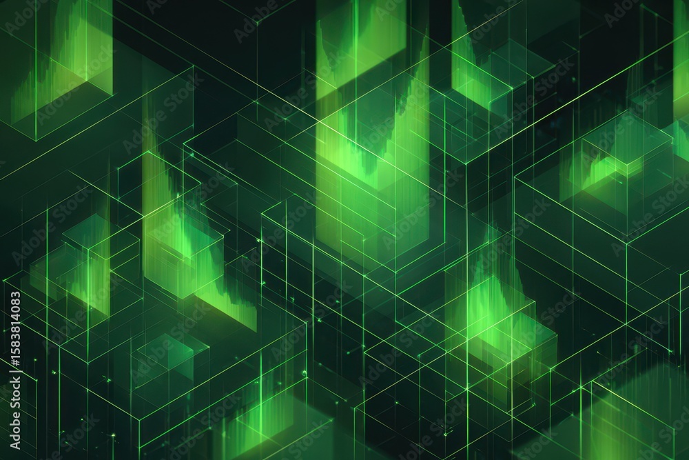 Poster data visualization showcases high-tech futuristic elements with vibrant green hues and geometric pat