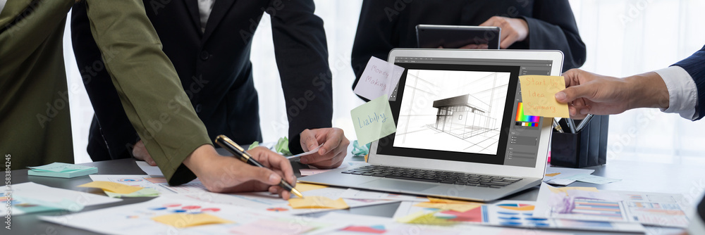 Poster analyst team use sticky note for creative and analytic brainstorm for business idea with bi data das