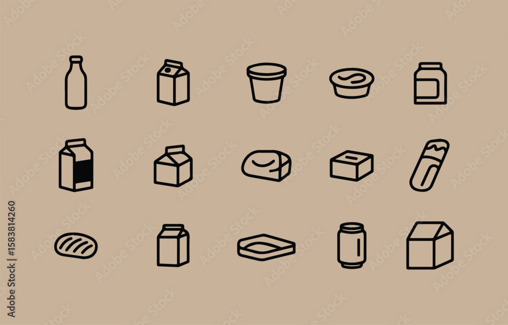 Poster collection of simple line art icons representing various food and drink containers isolated on trans