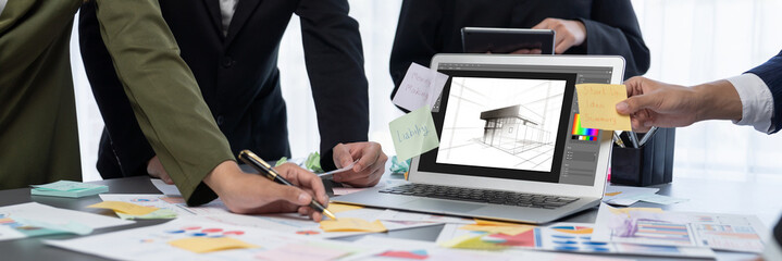 Analyst team use sticky note for creative and analytic brainstorm for business idea with BI data...