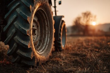 Close-up of tractor tire in sunny field at sunset highlighting agricultural machinery and rural landscape