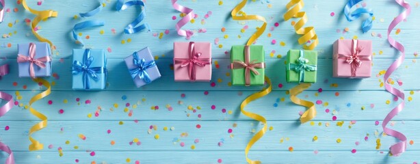 The colorful collection of presents adorned with bows on a festive surface.