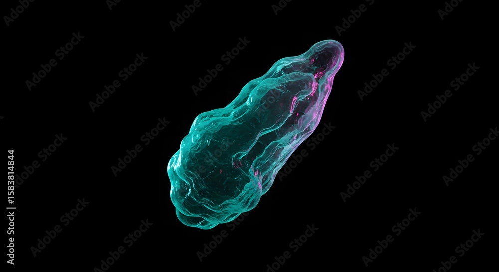 Poster abstract glowing fluid blob with bioluminescent particles isolated on black background representing 