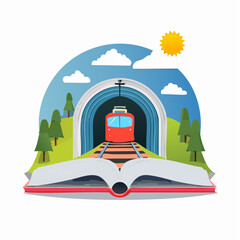 Train travels into book tunnel on sunny day illustration