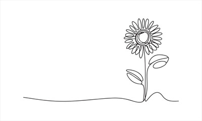 Black line drawing of a sunflower with leaves on a white background