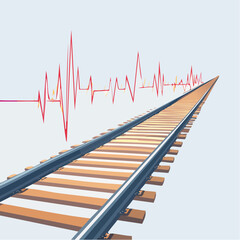 Train tracks extending into the distance merge into EKG heartbeat line