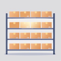 Warehouse shelf featuring a single glowing box among plain cardboard boxes
