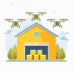 Automated warehouse shows worker drones transporting packages in daytime