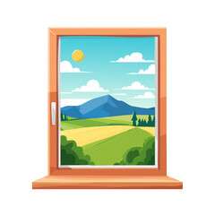 Looking out the window onto a painted landscape of Mountain and sunny skies
