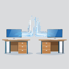 Two desks connected by data stream bridge, computers on each desk