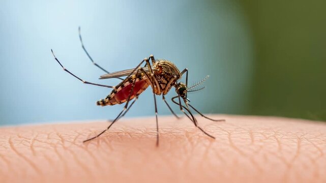 A mosquito is biting and feeding on human skin