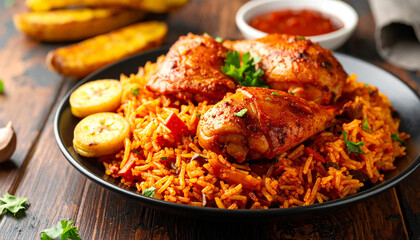 Nigerian jollof rice, spicy tomato-infused rice with peppers, onions, chicken with fried plantains.