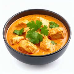 Delicious and appetizing chicken tikka masala bowl, garnished with cilantro on white background