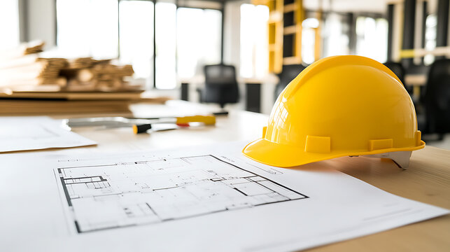 Construction site safety meeting with a hard hat resting on architectural plans. Blueprint review and building preparation.