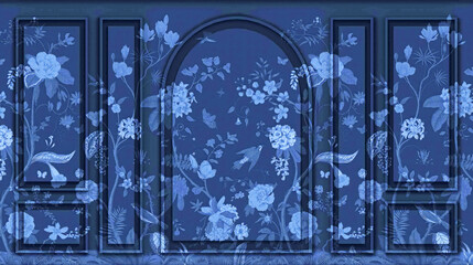 Floral wallpaper with blue background and decorative molding in an arched design frame