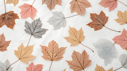 Colorful autumn maple leaves arranged on a white surface.
