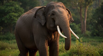 Majestic Asian Elephant in Lush Green Forest at Golden Hour, Wildlife Photography