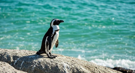 Obraz premium African Penguin Standing on a Rock Near the Ocean, Boulders Beach, South Africa