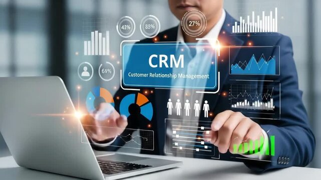 A man is using crm to analyze business data - Powered by Adobe