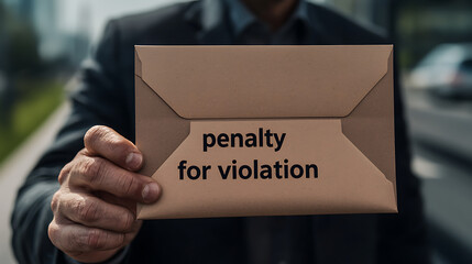 Penalty Notice: An individual holds an envelope labeled "penalty for violation," conveying legal or financial consequences for non-compliance.
