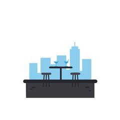 Naklejka premium Rooftop Bar with Table, Stools and City View Flat Icon