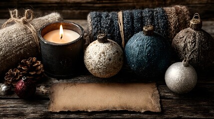 Fototapeta premium Cozy Rustic Winter Decor With Pinecones Candle and Ornaments
