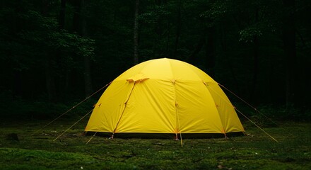 Bright Yellow Camping Tent Pitched in a Dark, Mossy Forest at Night