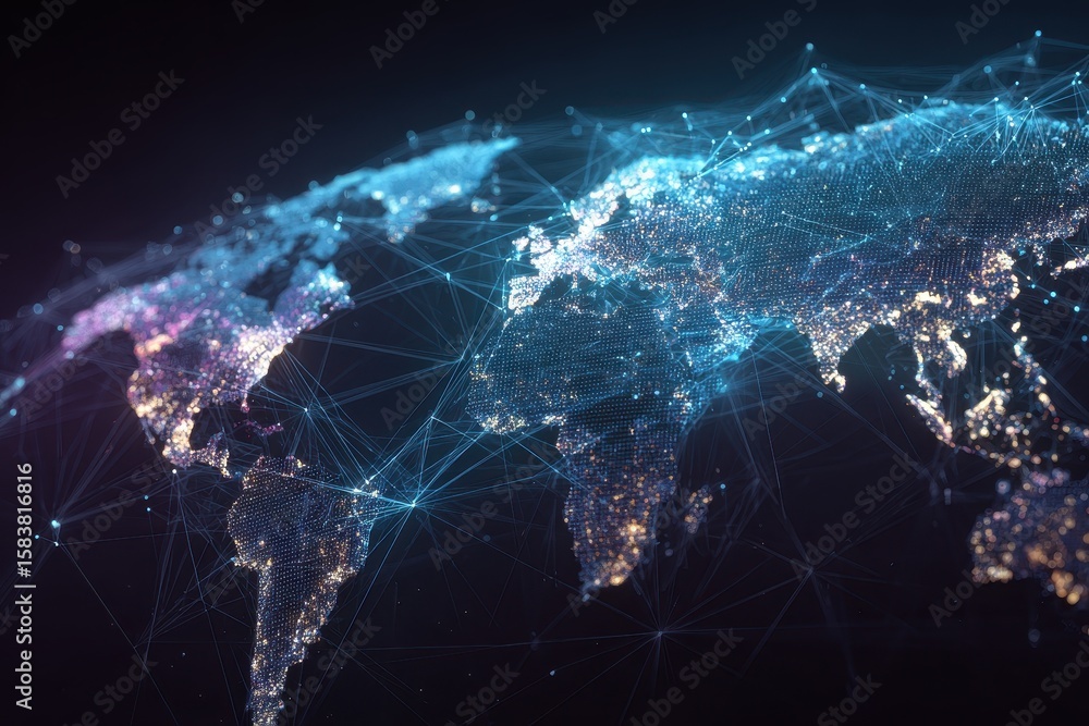 Poster abstract concept of a global network illustrated through an illuminated world map showcasing interco