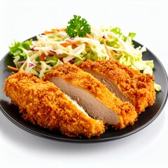Crispy breaded chicken cutlet presentation with fresh salad garnishing on white background