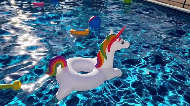 floating inflatable unicorn toy in vibrant colors drifting across clear swimming pool water under sunny light  perfect for vacation themes  summer fun promotions or poolside leisure content in 4k