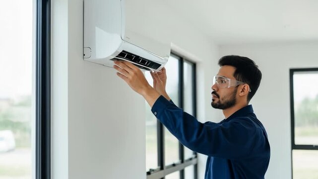 Hvac technician wearing safety glasses is carefully installing or repairing a modern air conditioning unit in a contemporary house with large windows