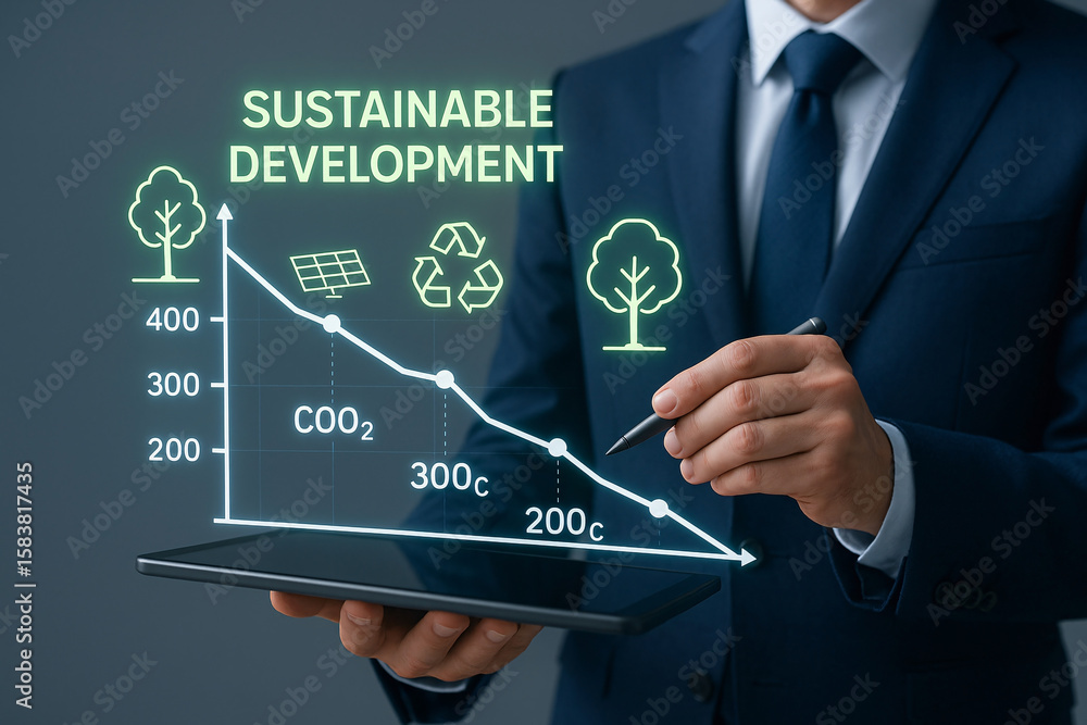 Poster businessman analyzing sustainable development data presented as a declining co2 graph on a tablet de