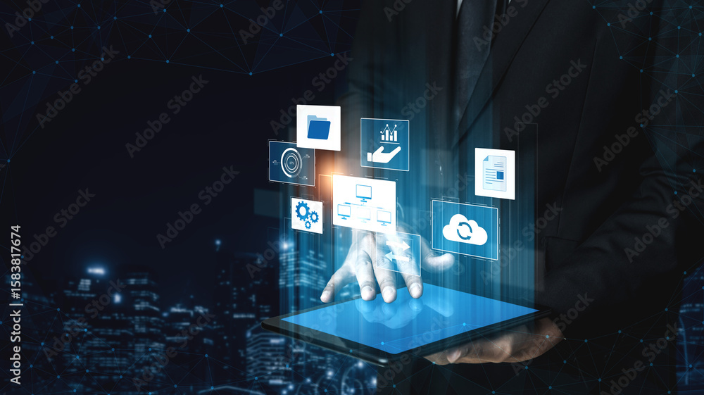 Poster digital business infrastructure with data system, analytics, sync. system management improves access