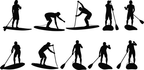 Obraz premium Paddle boarding silhouette vector set, stand up paddleboarder collection, water sport illustration, surfing figures, outdoor fitness activity clipart bundle