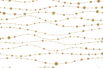 Holiday gold vector garland set isolated on white. Sparkling glitter ornaments on a string. Shiny derorative golden garlands with stars, circles 