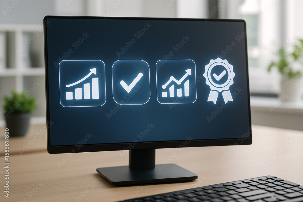 Poster computer display showcasing business and quality assurance metrics indicators and progress symbols w