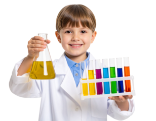 Child Scientist Conducting Fun Experiment with Colorful Chemicals in Lab, PNG