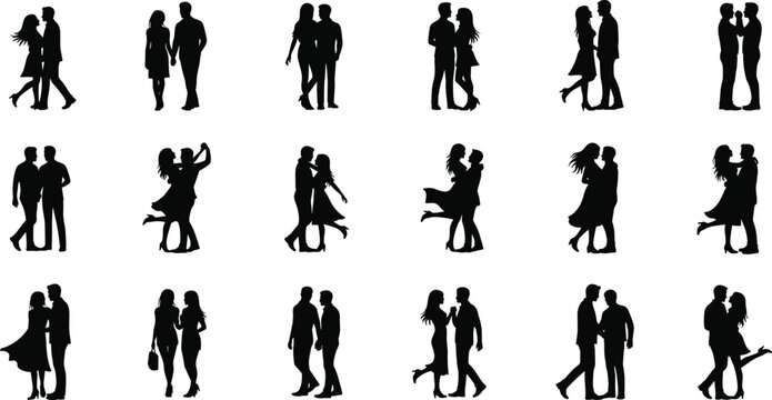 Romantic couple silhouette vector set, man and woman in love poses, relationship icons, LGBTQ and heterosexual couple illustration design