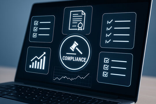 Digital compliance and regulation conceptual illustration on laptop screen depicting legal documents and checklists for corporate governance