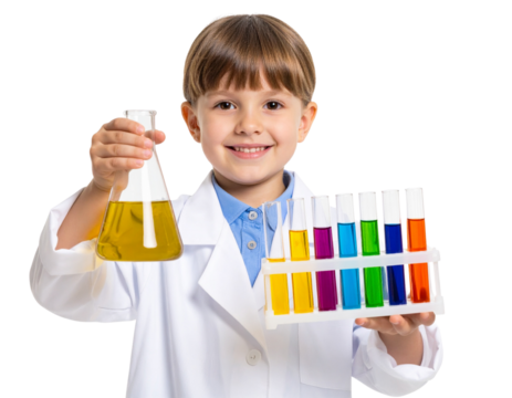 Child Scientist Conducting Fun Experiment with Colorful Chemicals in Lab, PNG